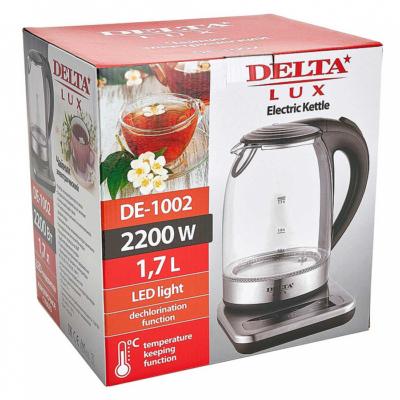 Чайник электрический 2200 Вт, 1,7 л DELTA LUX DE-1002 черный, функция установки температур с LED-индикацией разными цветами, поддержание температуры — изображение 6