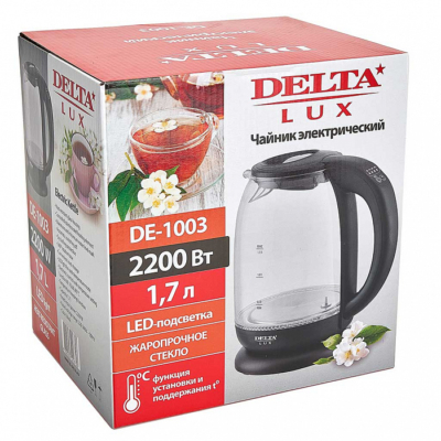Чайник электрический 2200 Вт, 1,7 л DELTA LUX DE-1003 черный, функция установки температур с LED-индикацией разными цветами, поддержание температуры — изображение 6