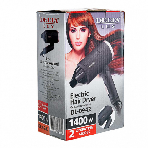 Фен 1400 Вт DELTA LUX DL-0942 черный с розовым