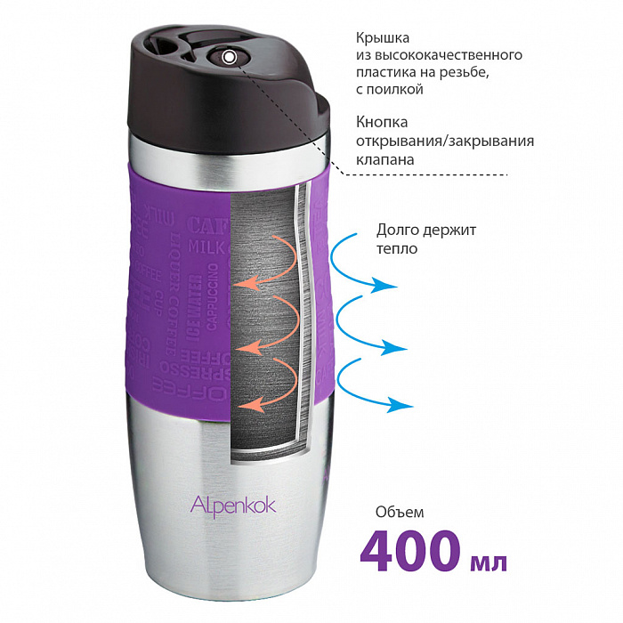 Термокружка вакуумная 400 мл Alpenkok AK-04004A фиолетовая