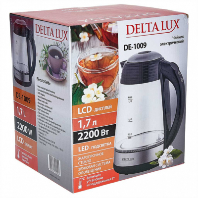 Чайник электрический 2200 Вт, 1,7 л DELTA LUX DE-1009 черный, функция установки температур с LED-индикацией разными цветами, поддержание температуры — изображение 5