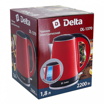 Чайник электрический 2200 Вт, 1,8 л DELTA DL-1370, двухслойный корпус, красный с черным — изображение 4
