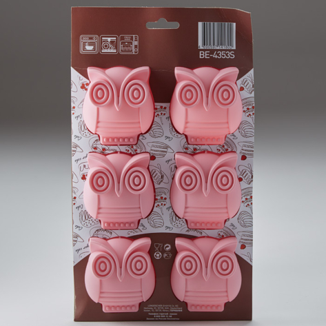 Форма 26х17х3см для выпечки 6 кексов "Совы" силиконовая BE-4353S темно-розовая