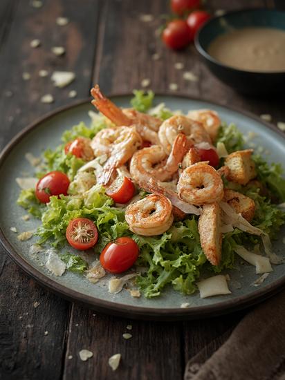 вкусный цезарь с креветками