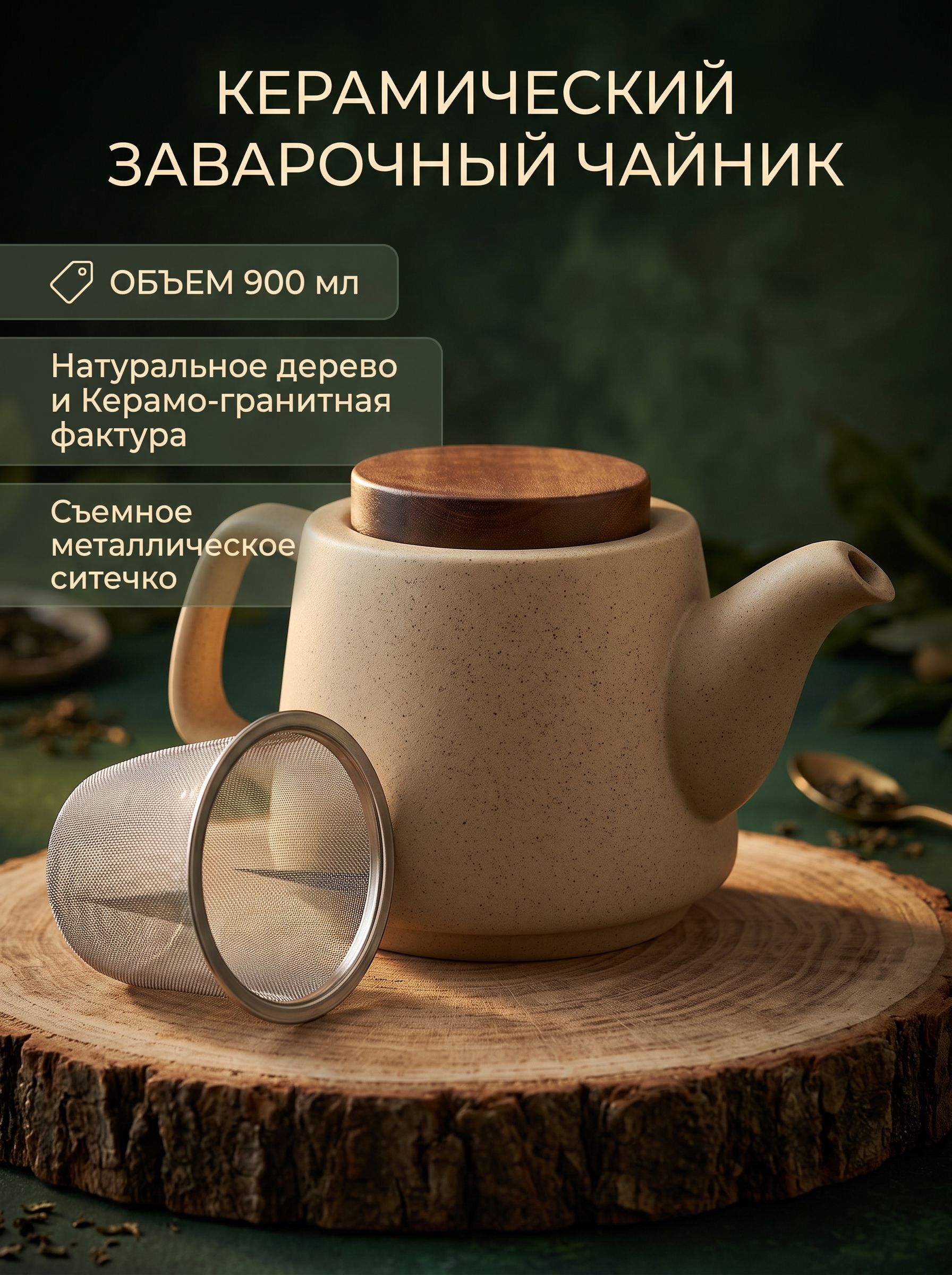 Заварочный чайник 900 мл керамический с деревянной крышкой и фильтром, бежевый