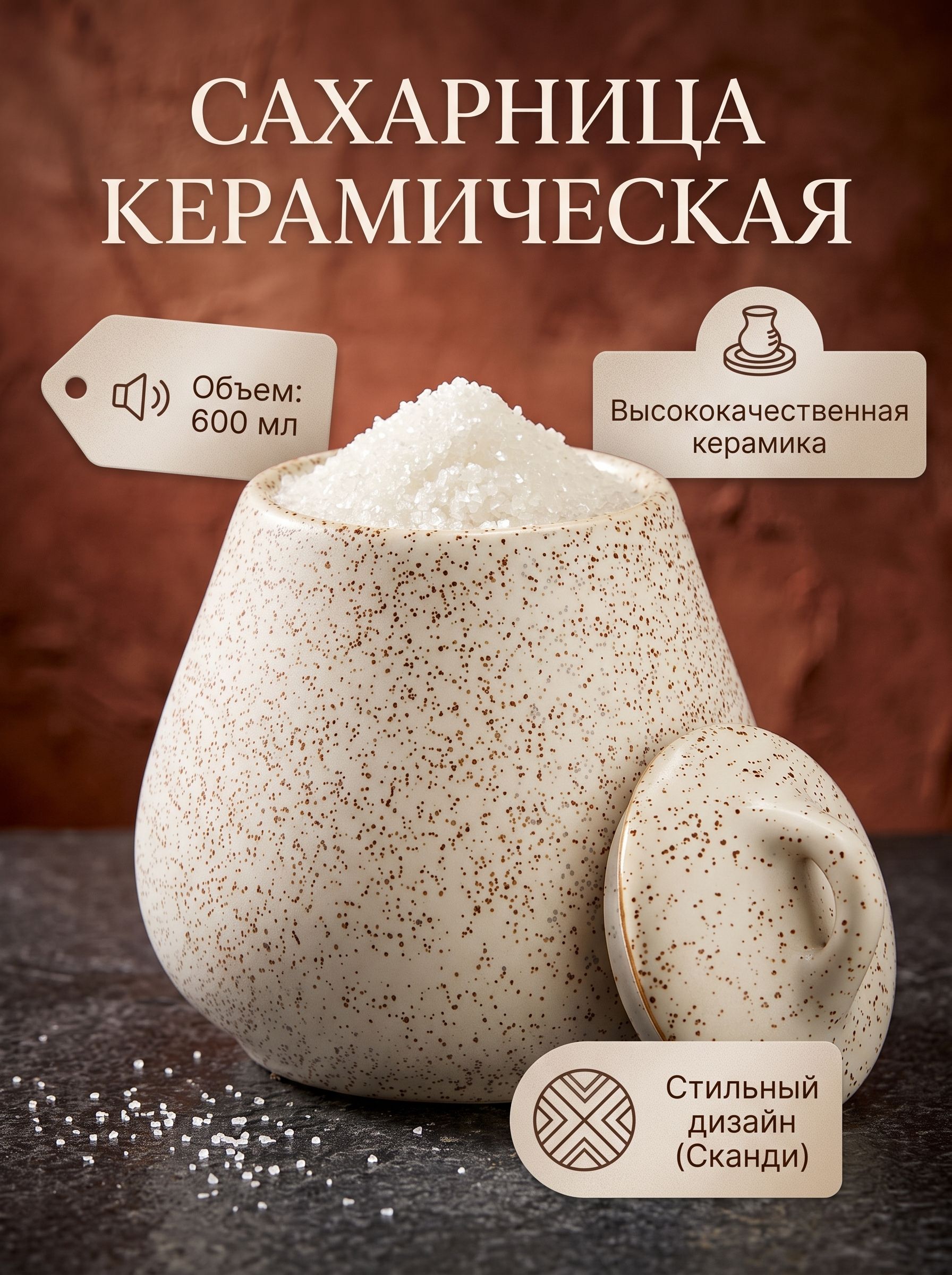 Сахарница керамическая с крышкой 600 мл для сыпучих продуктов и специй, бежевая крапинка