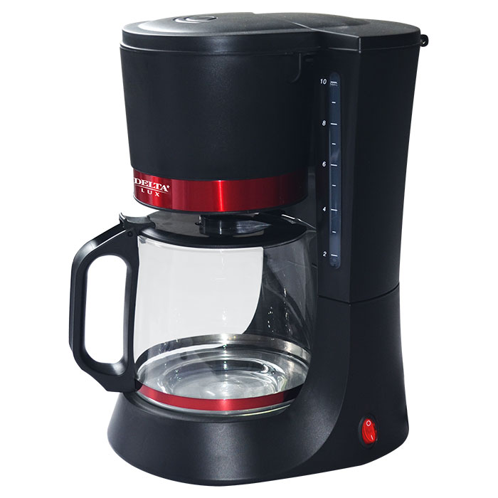 Кофеварка DELTA LUX DL-8152 черная с красным, 680 Вт, 1,25 л